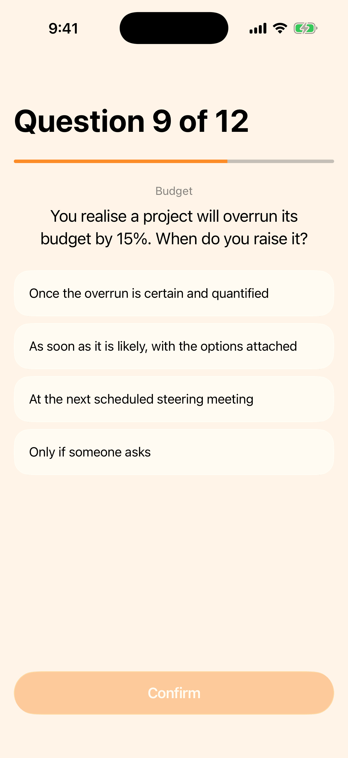 An interview practice question with four multiple-choice answers.