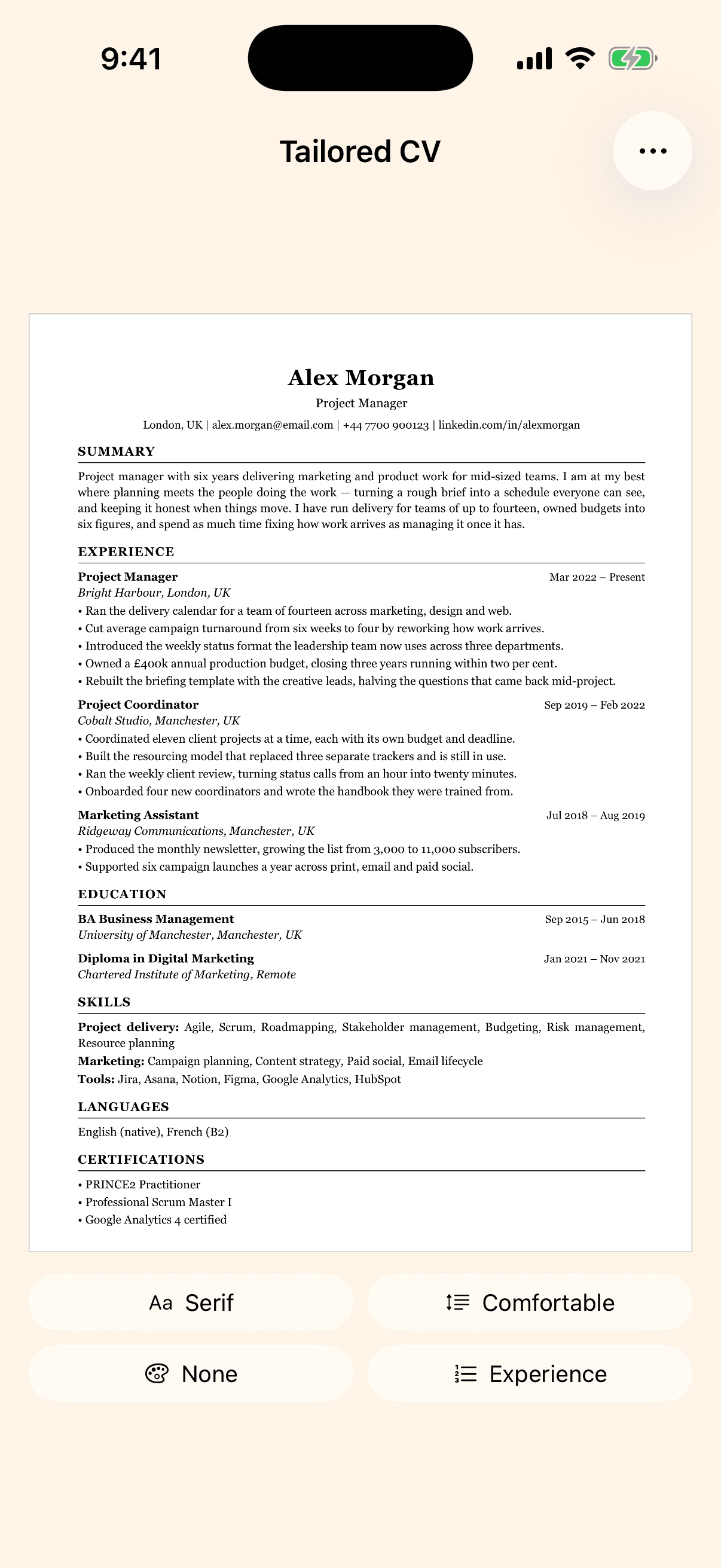The Vytae app showing a tailored CV rendered as an A4 page, with controls for typeface, density, accent and section order.