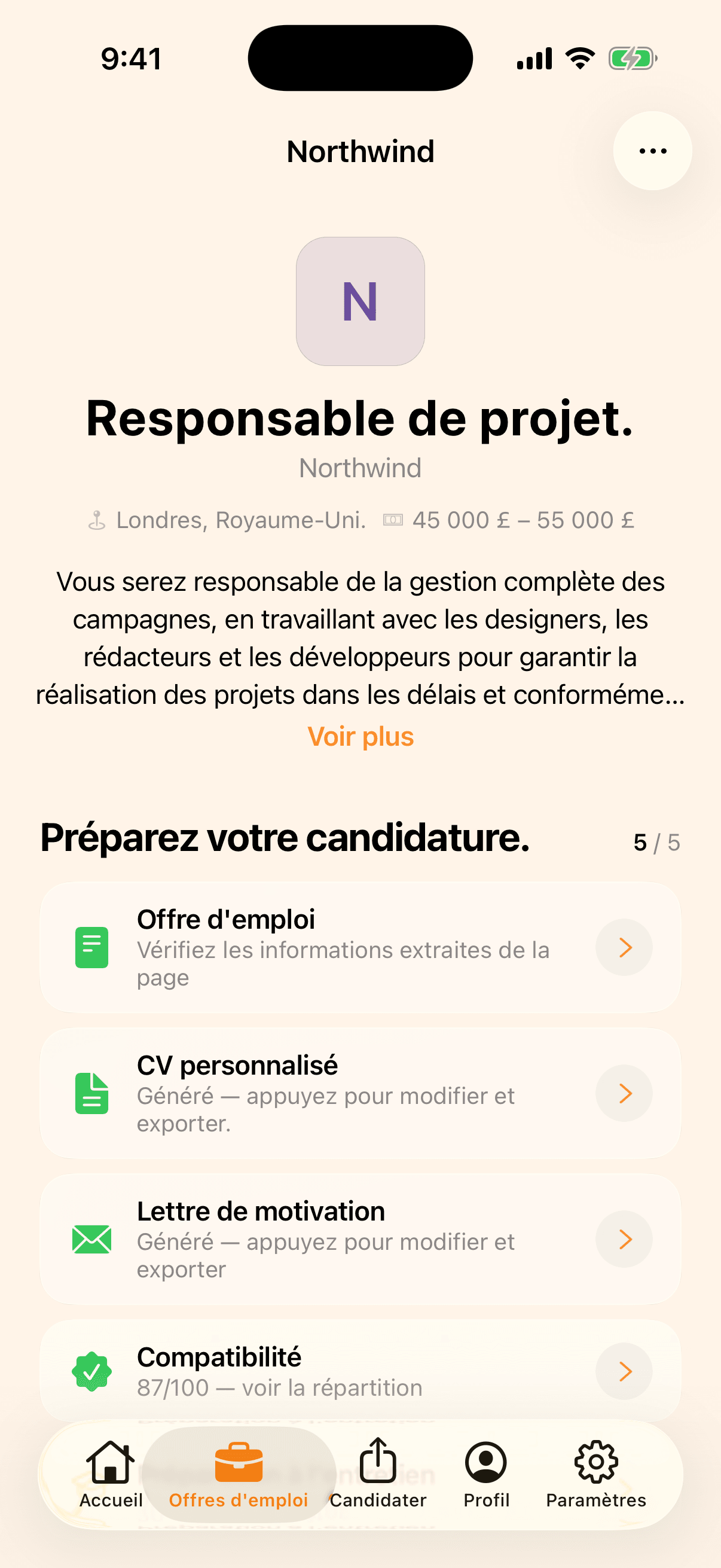 L'écran de confirmation d'import, montrant une offre analysée en titre, entreprise et exigences.