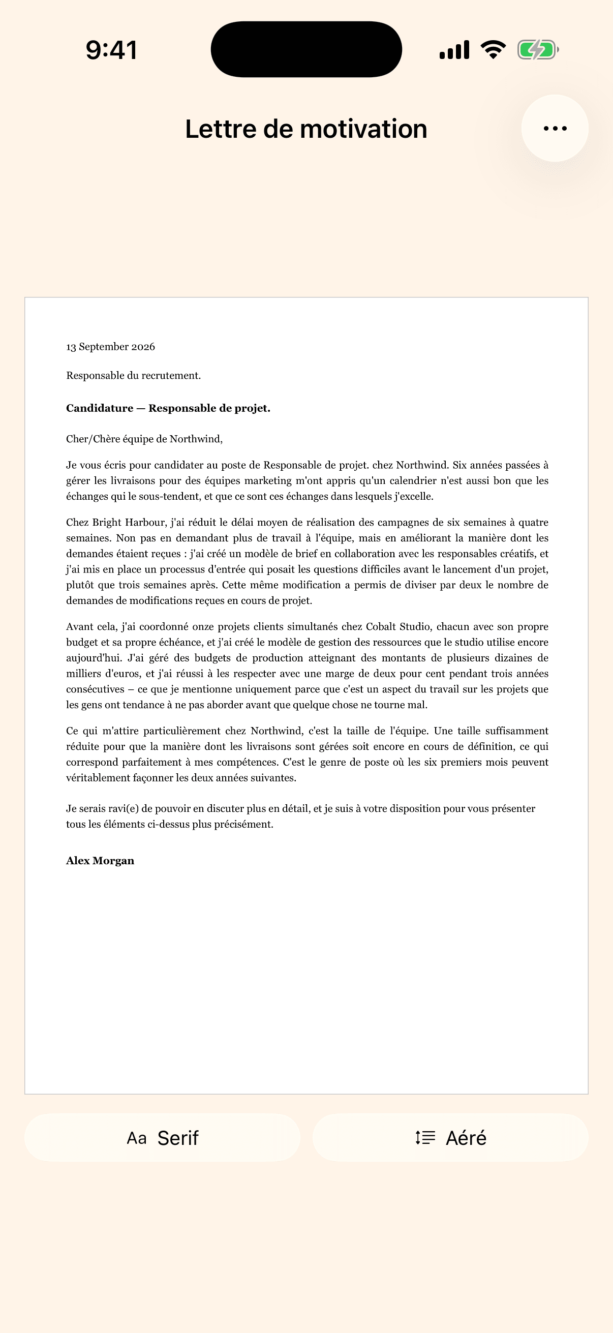 Une lettre de motivation générée, présentée sous forme de page mise en forme.